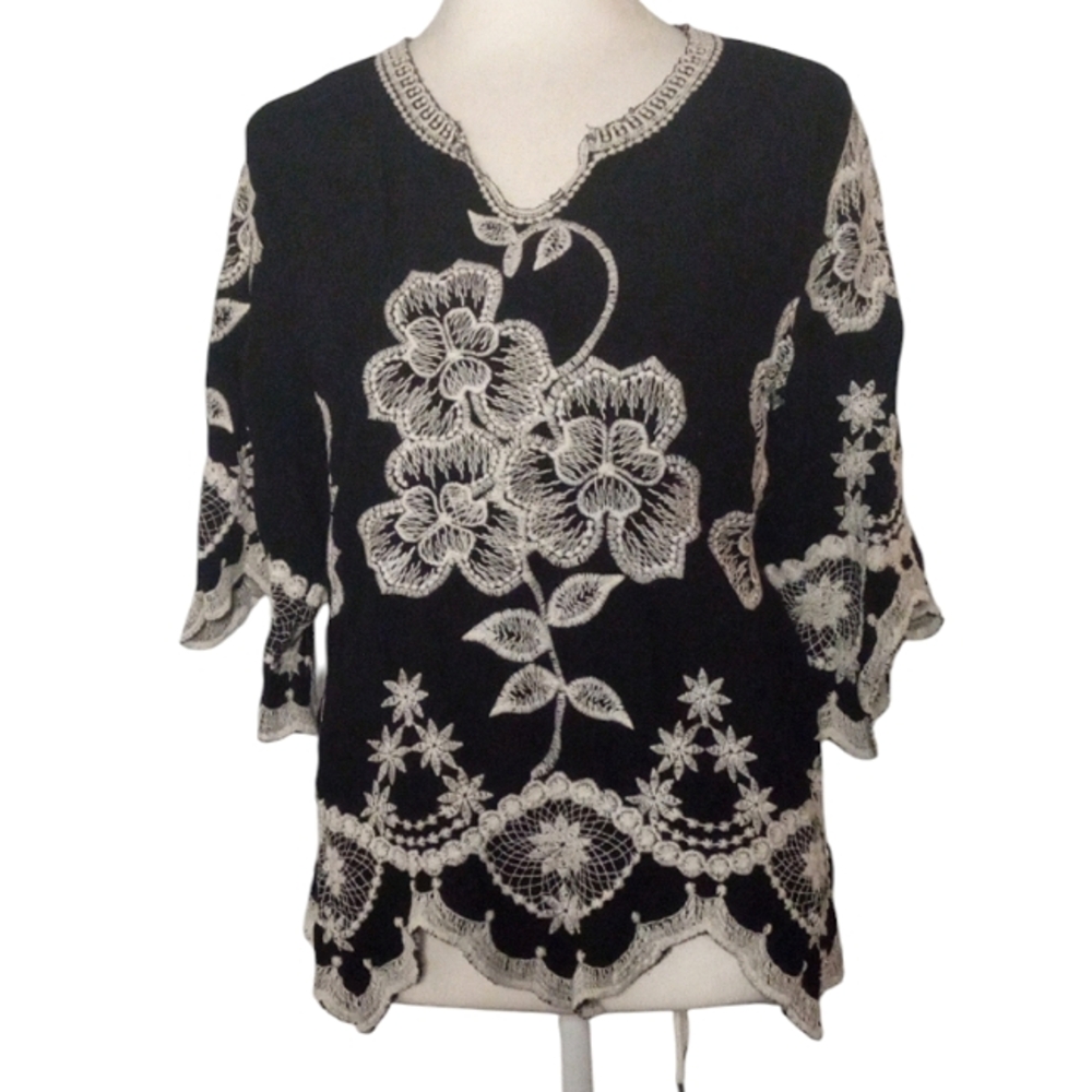Anthropologie Black and Cream Floral Blouse